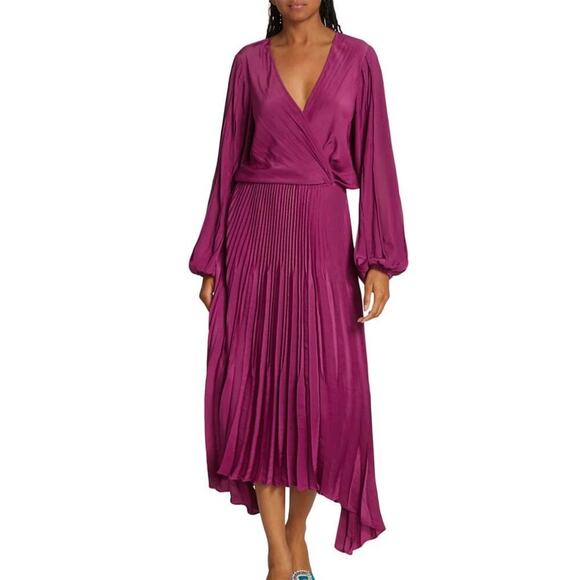 Ramy Brook Dresses & Skirts - Ramy Brook Sadie Long Sleeve Pleated Midi Dress Size XS PLBRY Shoulder Pads